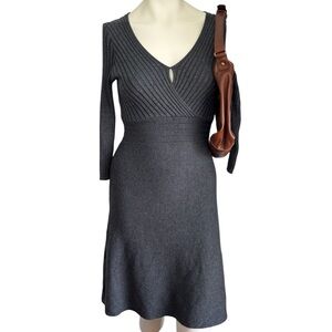 Charlie Paige charcoal ribbed knit midi dress with a V-neck, fit-and-flare.